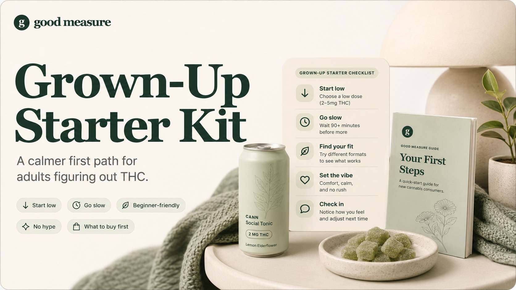 Good Measure starter kit editorial graphic with calm adult cannabis guidance cues.