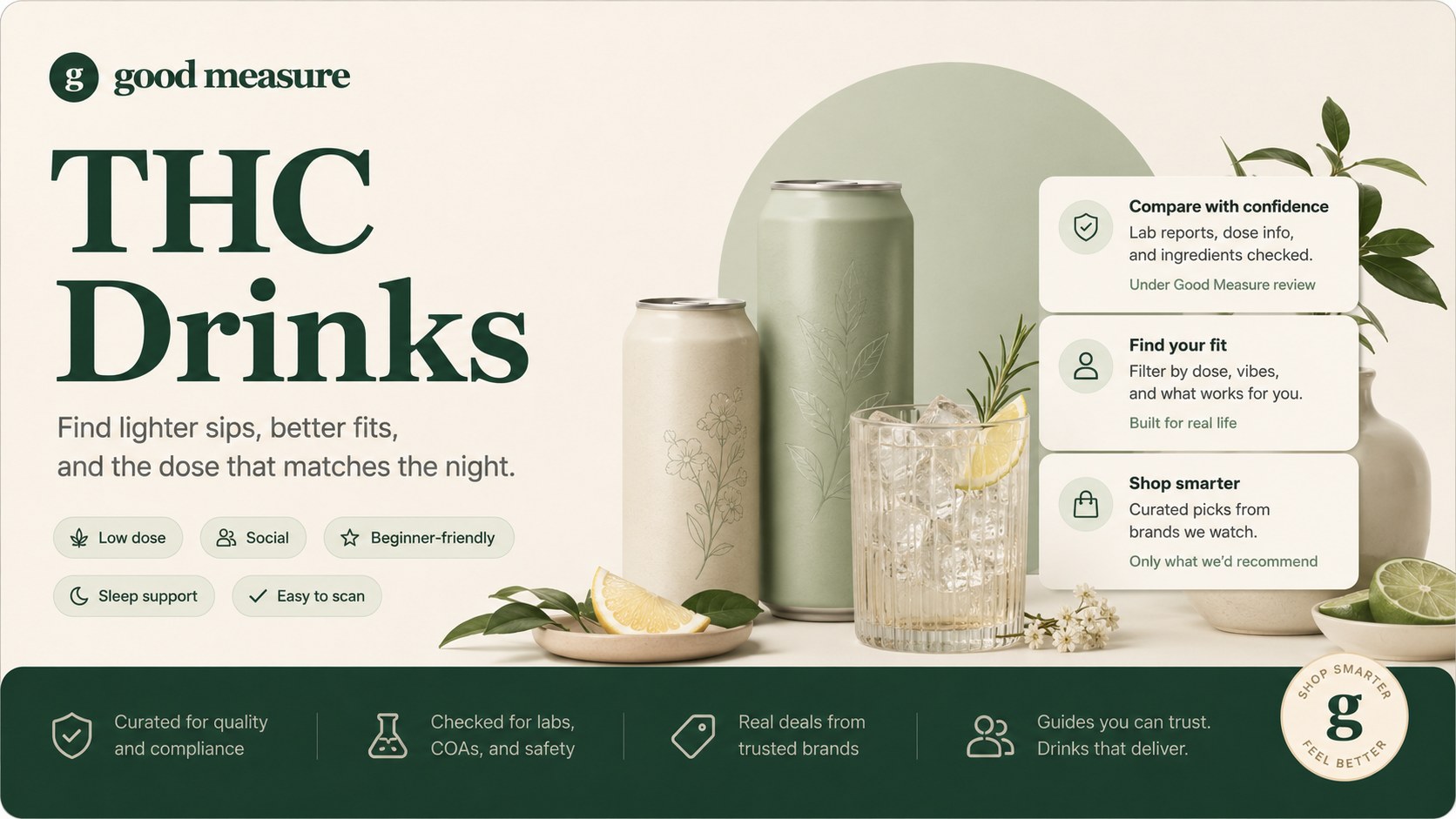 Good Measure THC drinks editorial graphic with a calm adult night-in feeling.