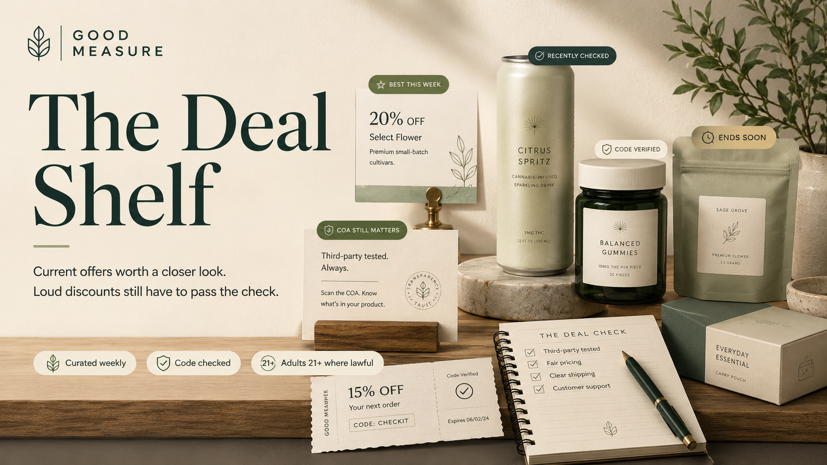 Good Measure The Deal Shelf graphic showing curated weekly cannabis deal cards, code verified and recently checked badges, a receipt, notebook, and calm adult shopping cues.