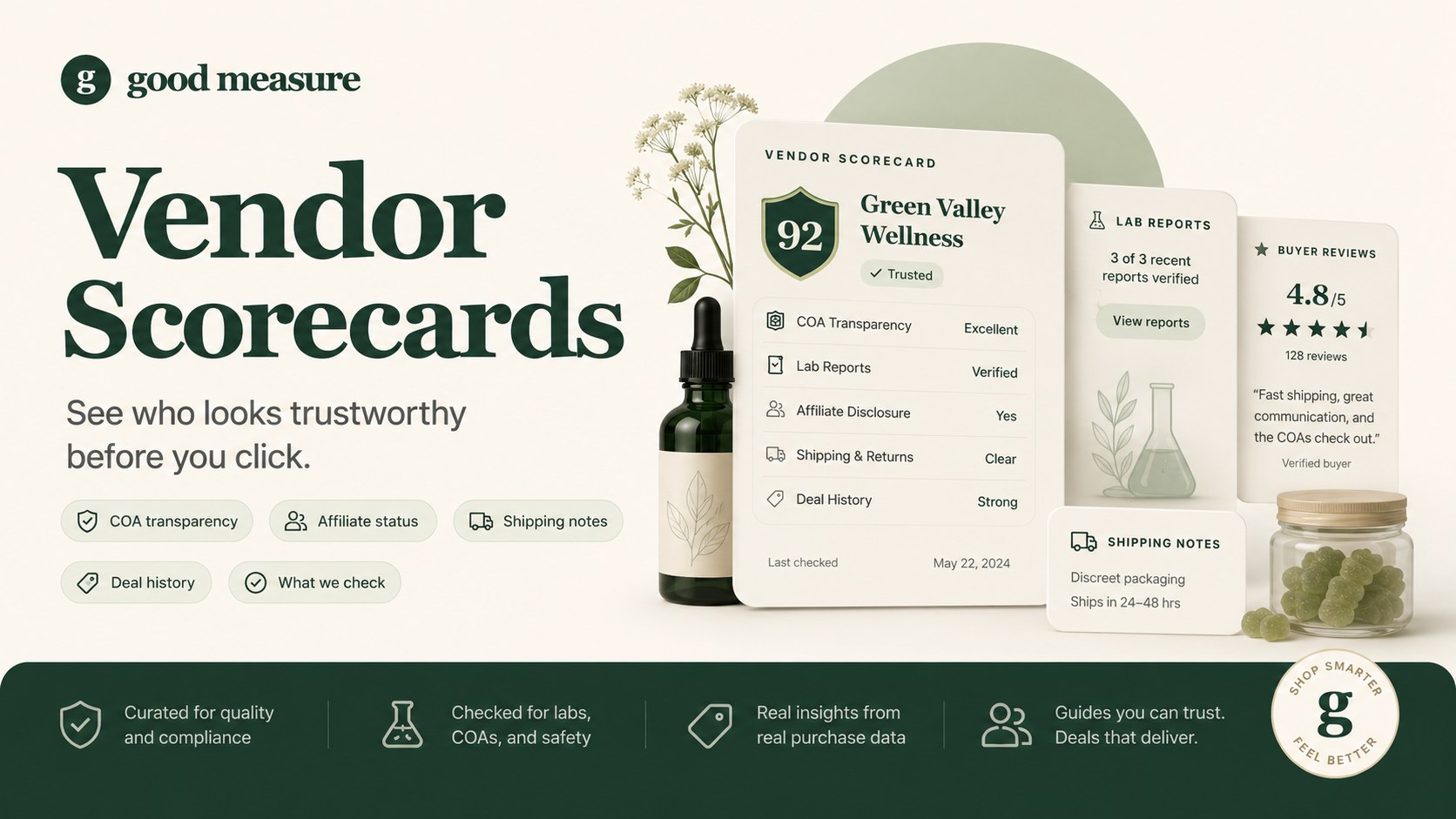 Good Measure vendor scorecards editorial graphic showing smart shopping and verification cues.
